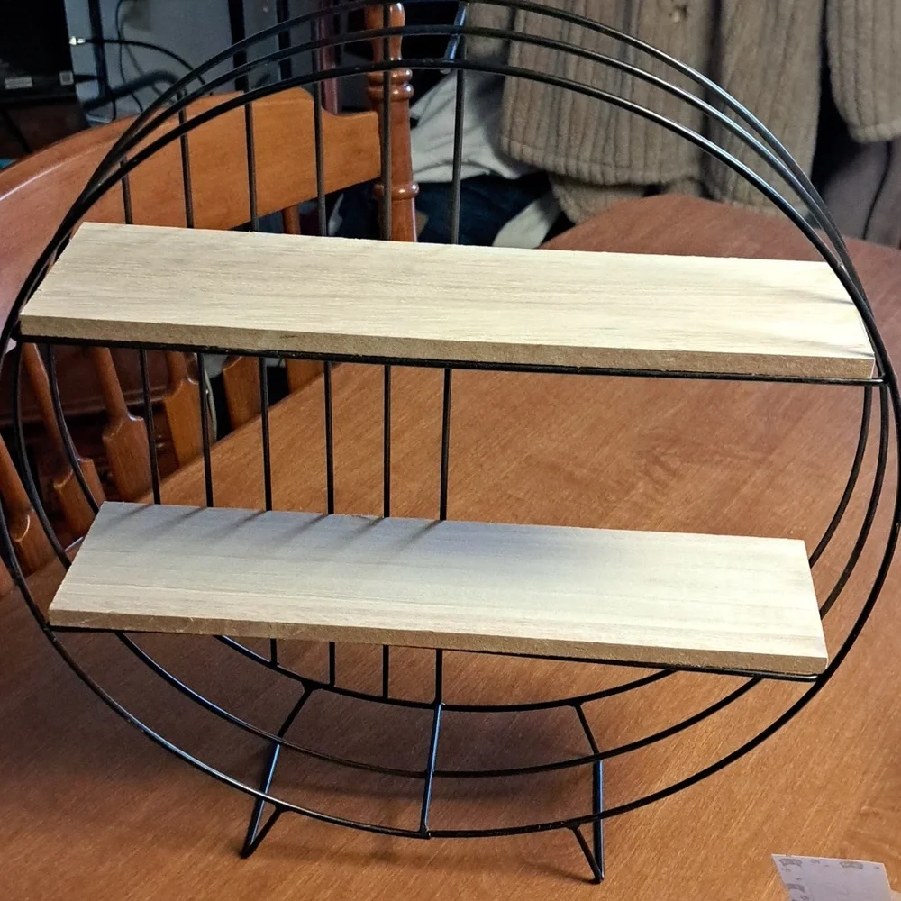 Round Black Metal & Wood Wall Or Stand Shelf - Home Wall Decor